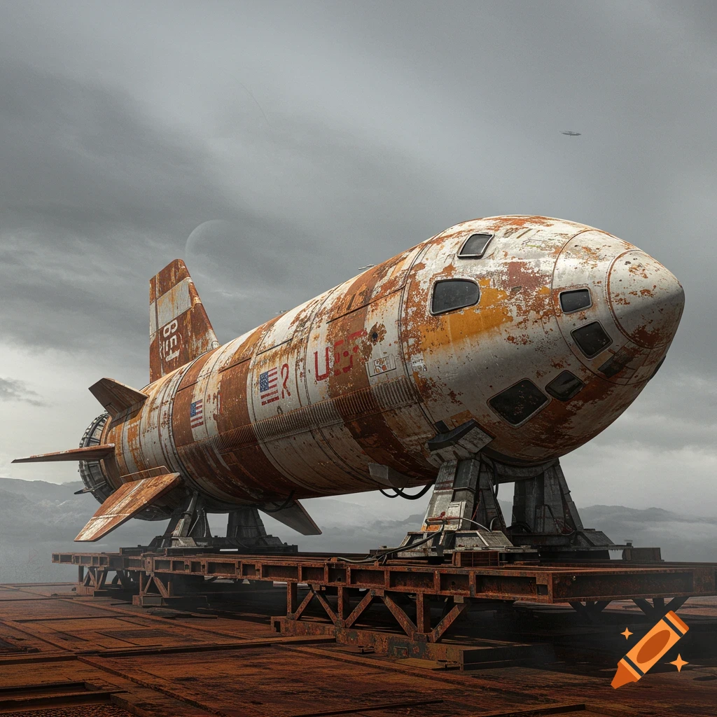 An old, rusty spaceship sits on a large platform under a cloudy sky with a moon.