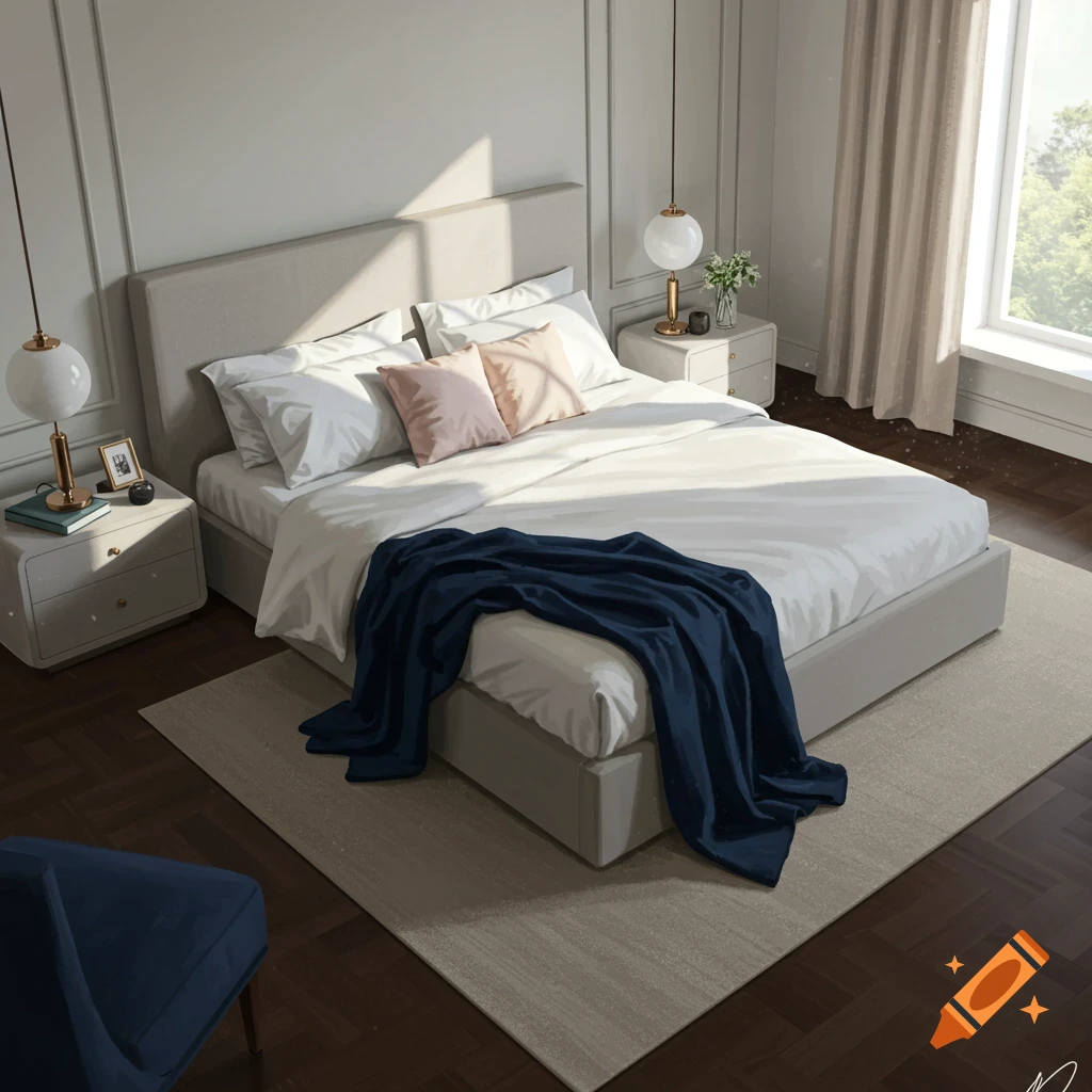 An overhead view of a sunny bedroom with a bed, nightstands, and window.