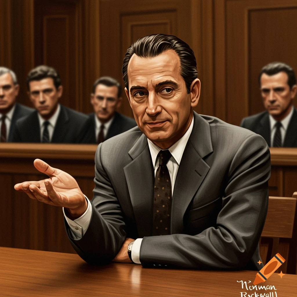 A man in a suit sits at a table in a courtroom, gesturing.