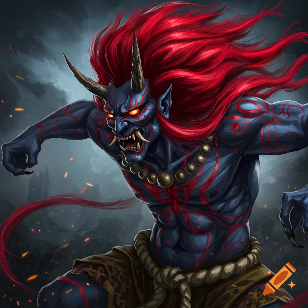 Illustration of an aggressive Japanese Oni demon with red spiky hair, blue skin with red markings, horns, and glowing red eyes in a dark setting.