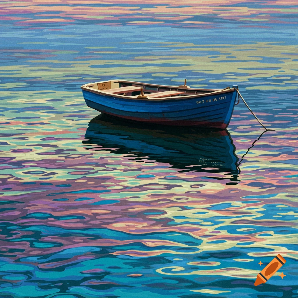 A blue boat floats on colorful, reflective abstract water in a painting.