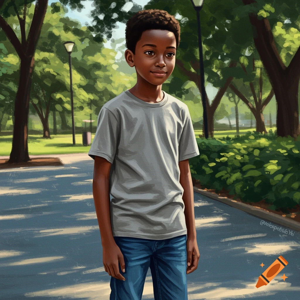 Illustration of a young boy in a gray t-shirt and blue jeans standing on a path in a park.