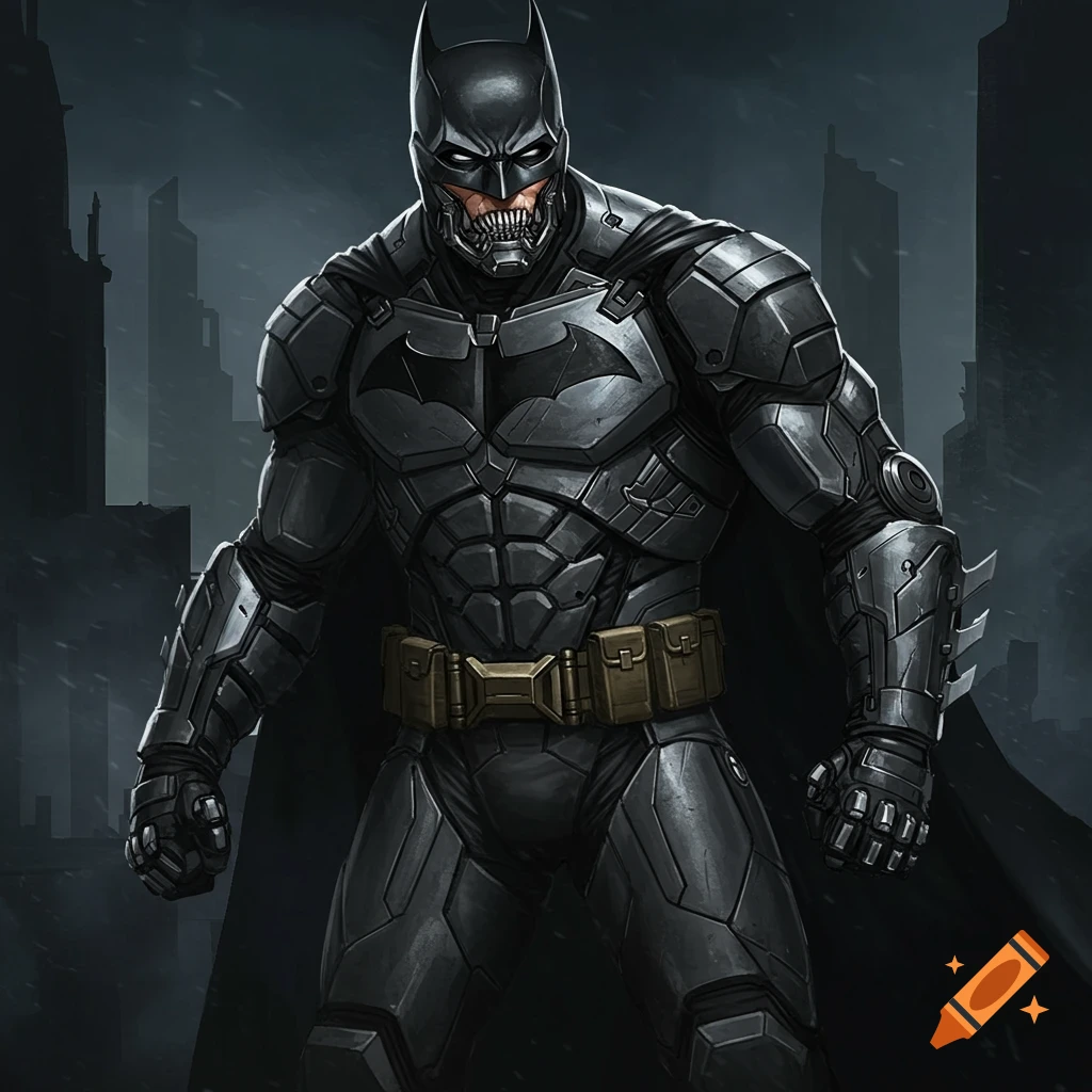 Illustration of Batman in a dark, armored suit standing in a snowy city street