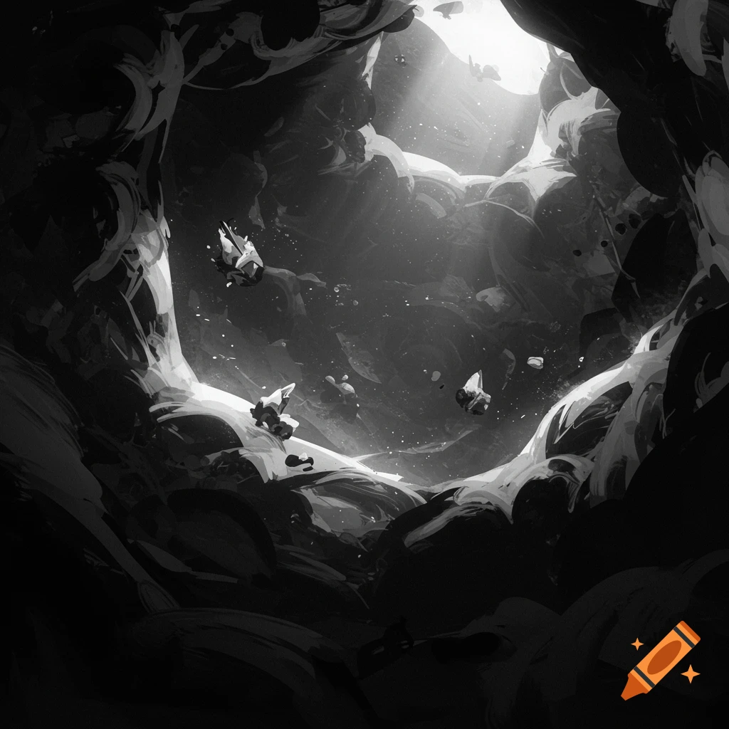 Stylized black and white image of a cave or void with floating rocks and rays of light from above.