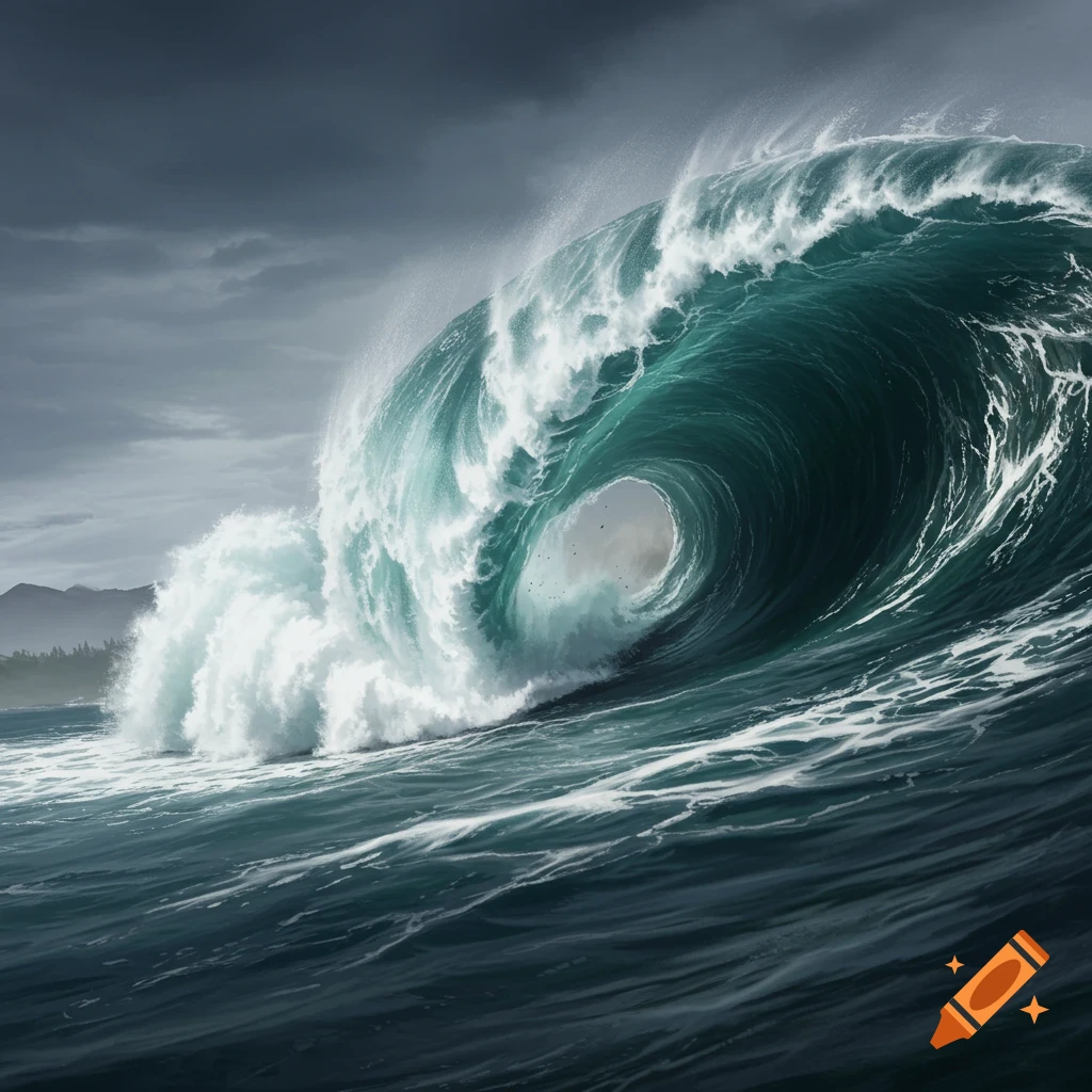 A massive, powerful wave cresting and crashing against a dark, stormy sky.
