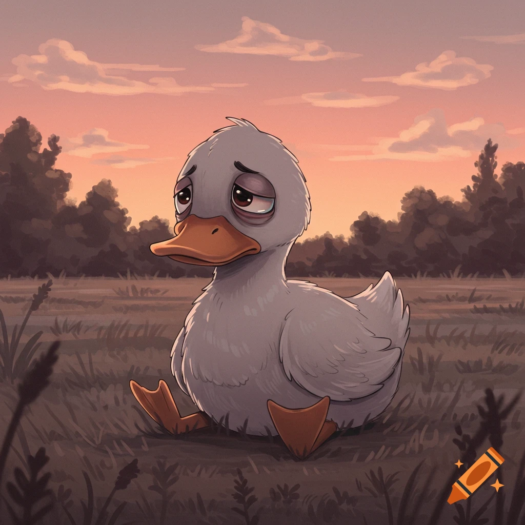 A sad cartoon duck sits alone in a field at sunset.