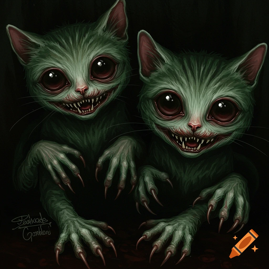 Two creepy green cat-like creatures with big eyes and sharp teeth reaching forward in the dark.