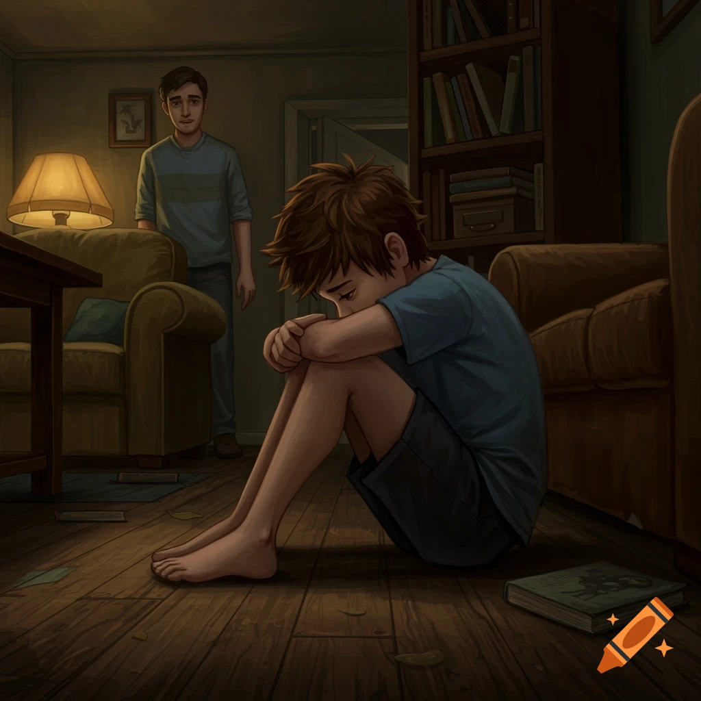 An illustration of a sad boy sitting on the floor with a man standing in the background.