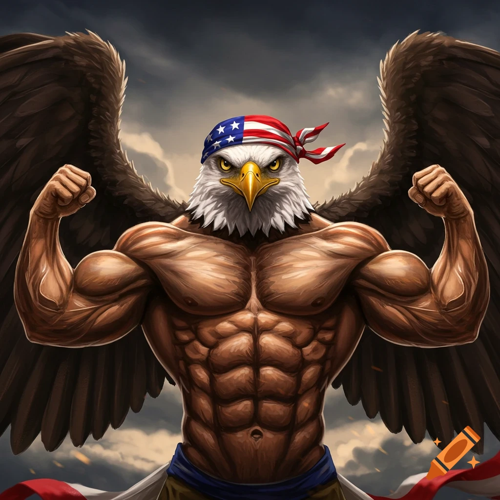 Muscular bald eagle wearing American flag bandana flexing