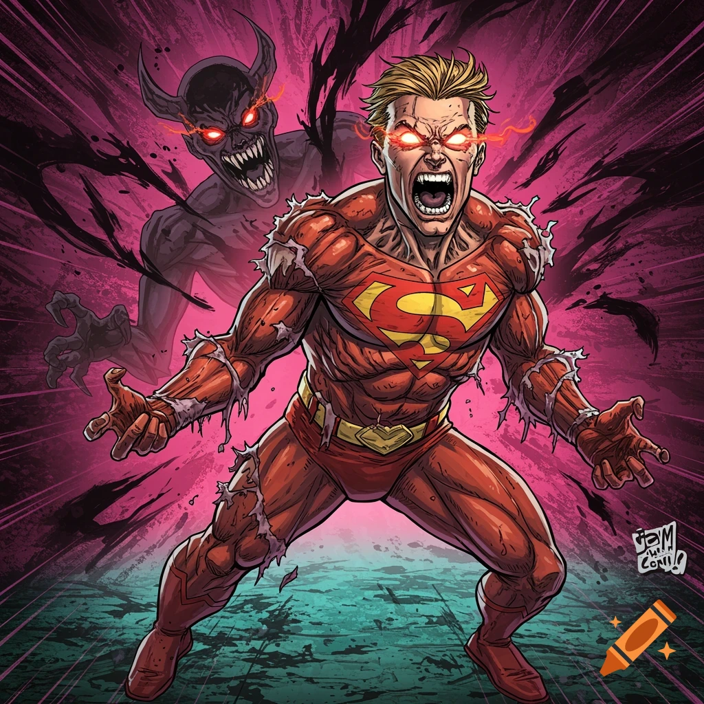 Comic art of a screaming superhero with tearing skin and red eyes, facing a dark demon.