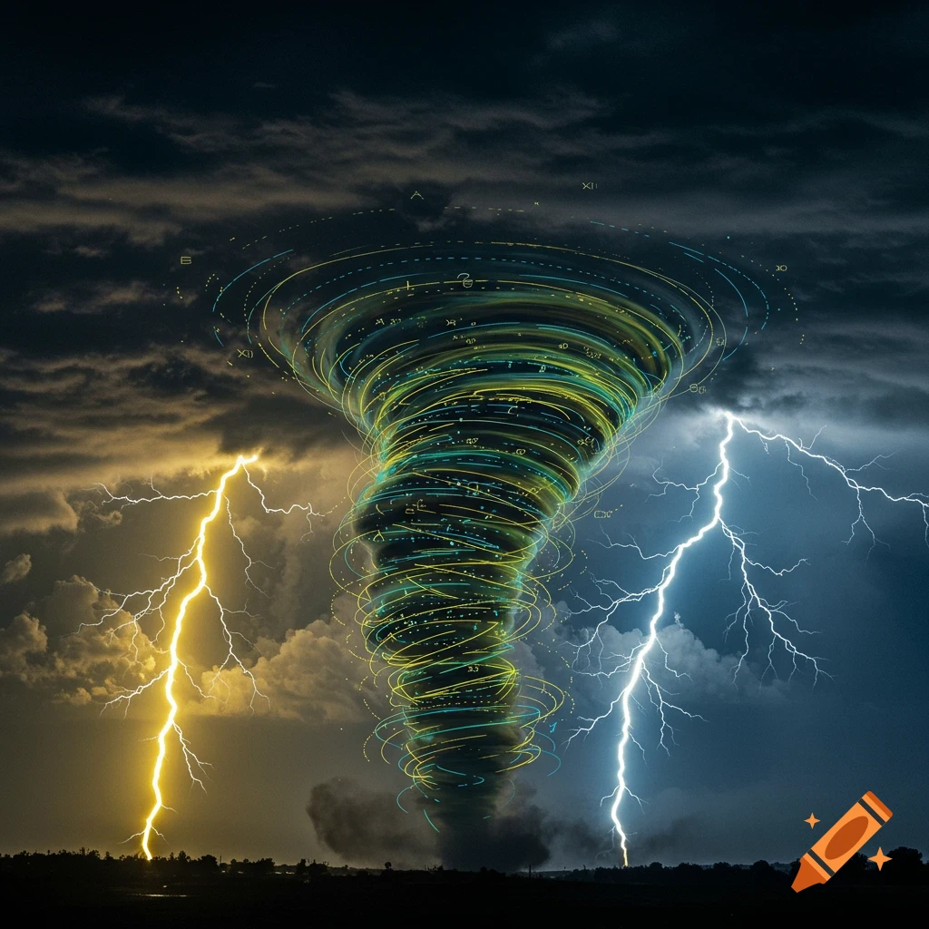 Abstract tornado formed by glowing symbols during a lightning storm