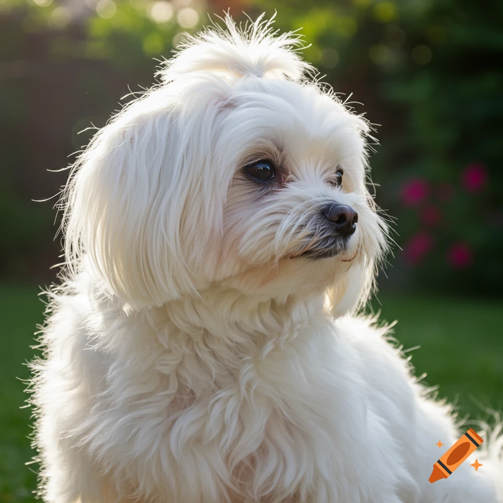 A white Maltese dog sits in sunlit grass looking right.