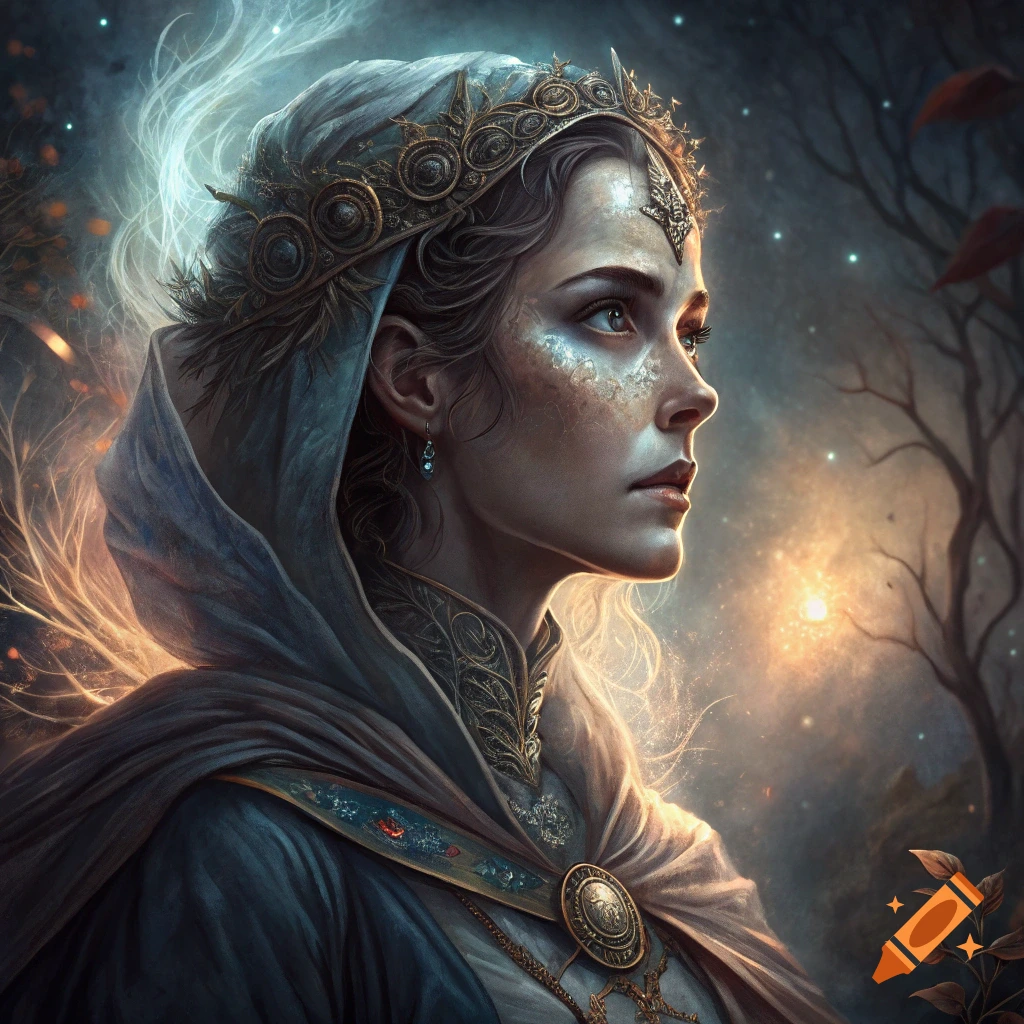 Fantasy portrait of a woman in a crown and cloak against a magical forest background, digital art