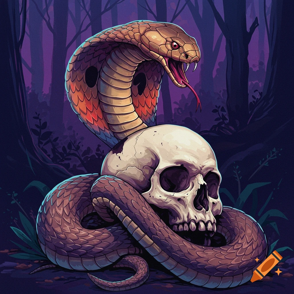 An illustration of a cobra wrapped around a human skull in a dark forest.