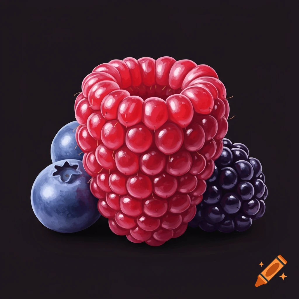 A red raspberry, blue blueberry, and black blackberry on a black background in a painted style.