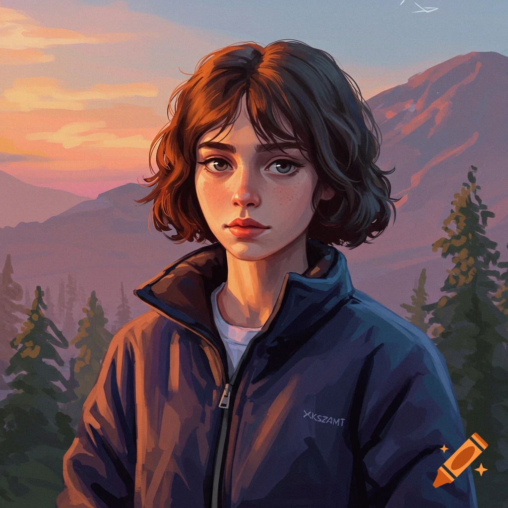 Illustrative portrait of a young woman in a jacket against a sunset mountain landscape.