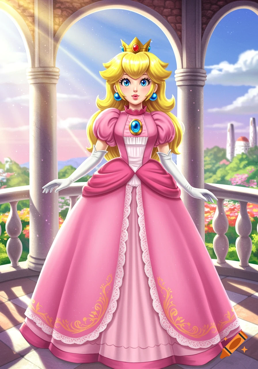 Princess Peach in her pink dress stands on a balcony.
