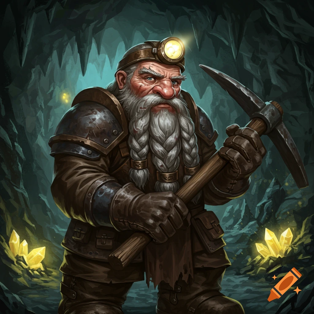 Portrait of an old dwarf miner in a cave holding a pickaxe, with glowing crystals.