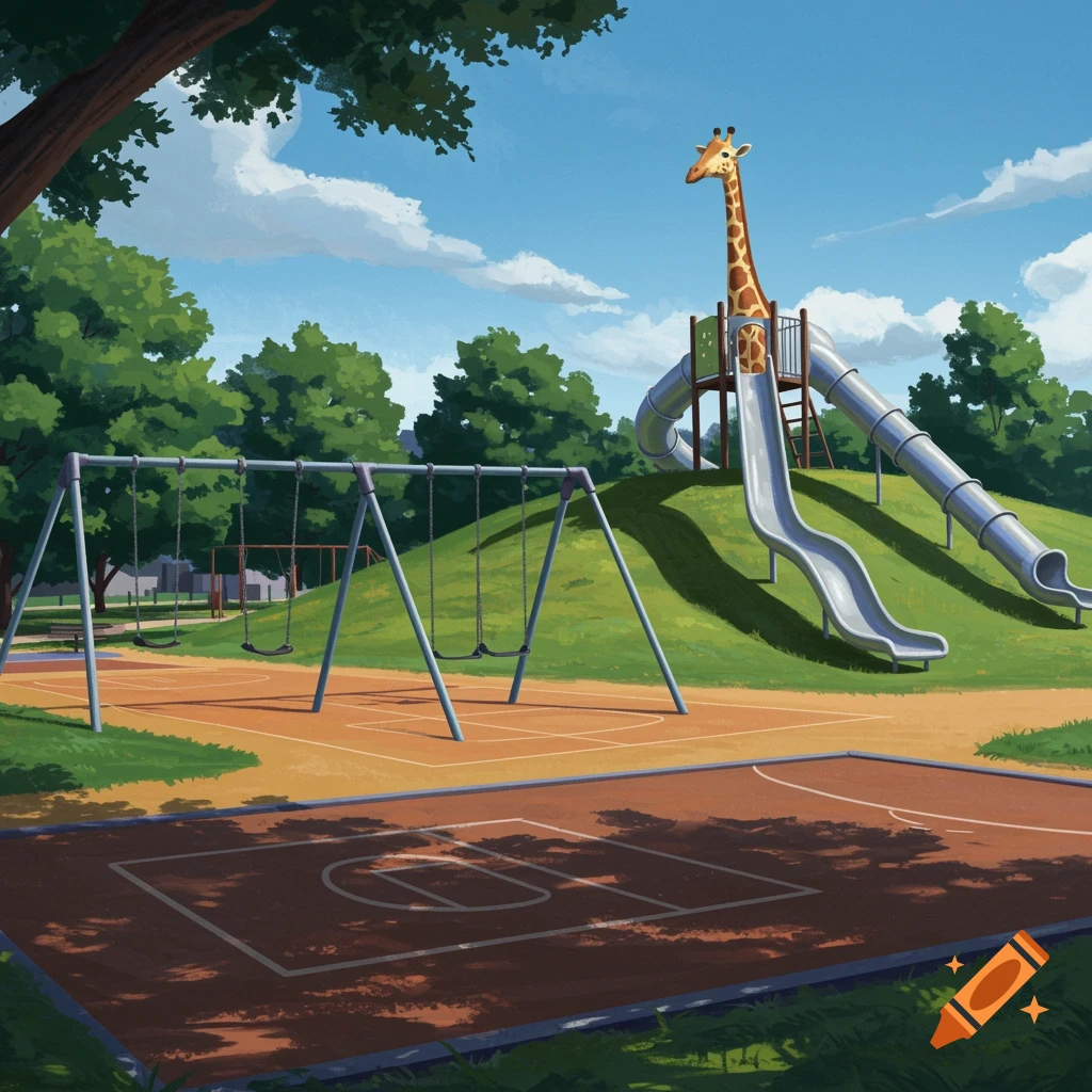 Illustration of a giraffe on a tall slide at a park playground with swings and a basketball court.