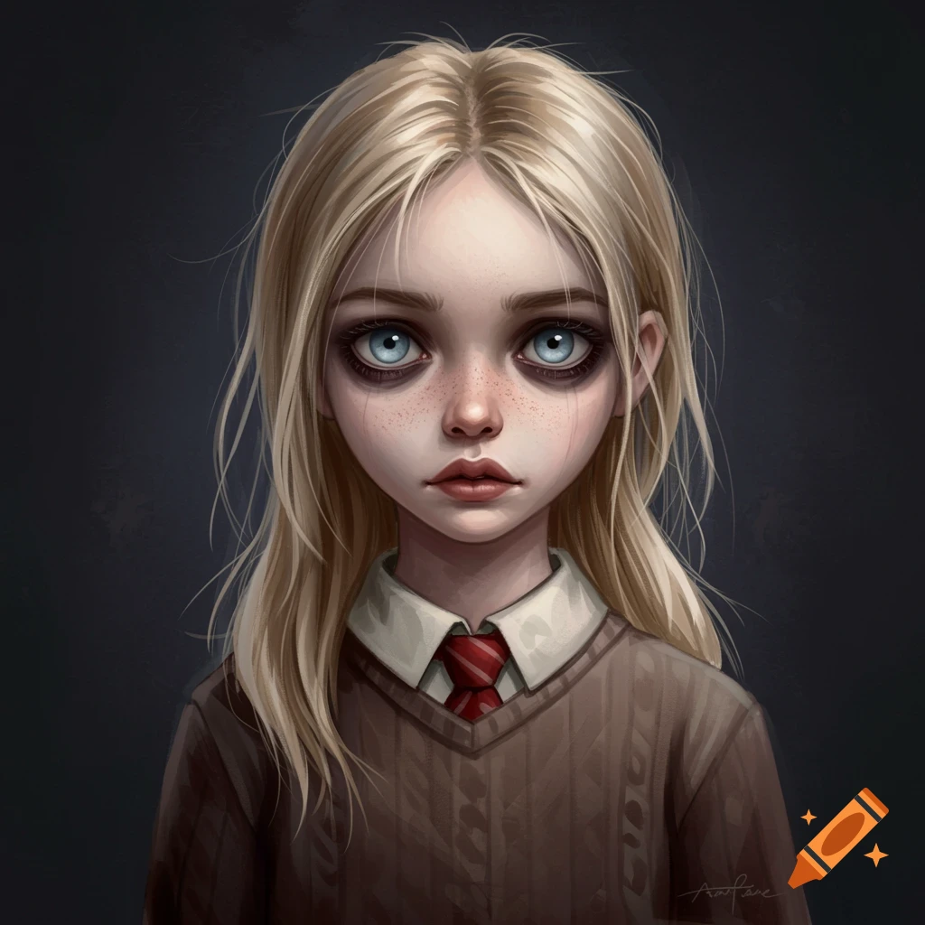 Stylized portrait of a blonde girl with big blue eyes in a brown sweater and tie.