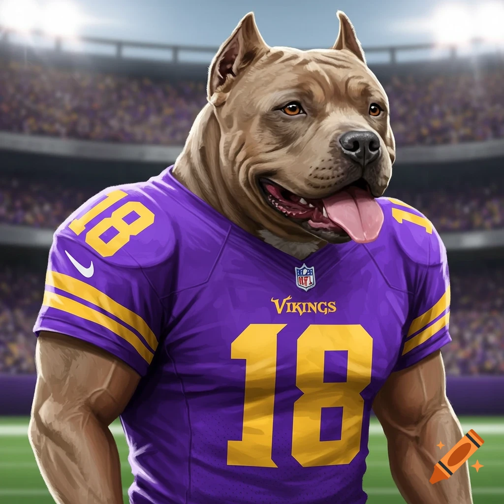 Illustration of a Pitbull dog wearing a purple and yellow Vikings football jersey with the number 18, standing in a stadium.