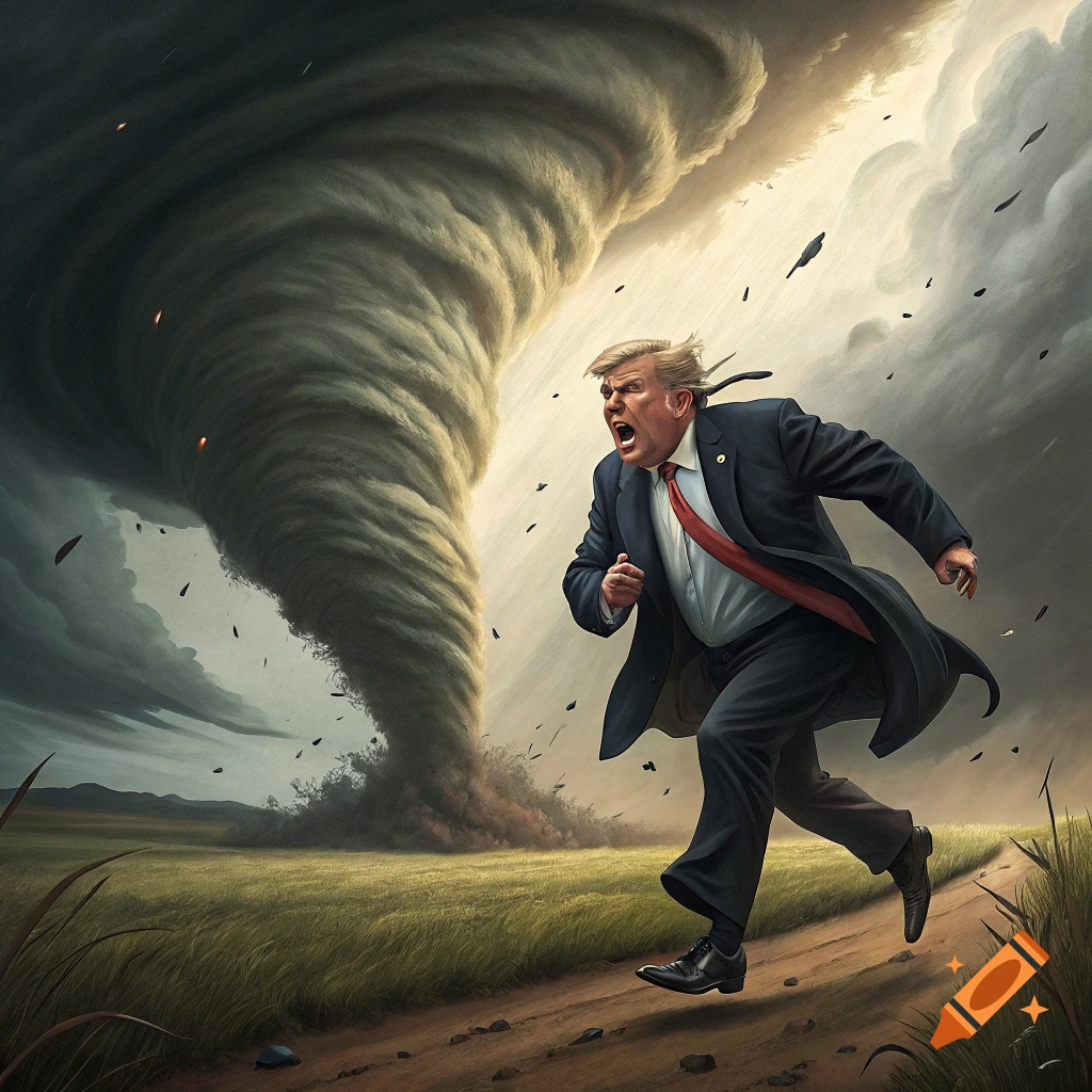 A figure resembling Donald Trump runs from a large tornado in a field.