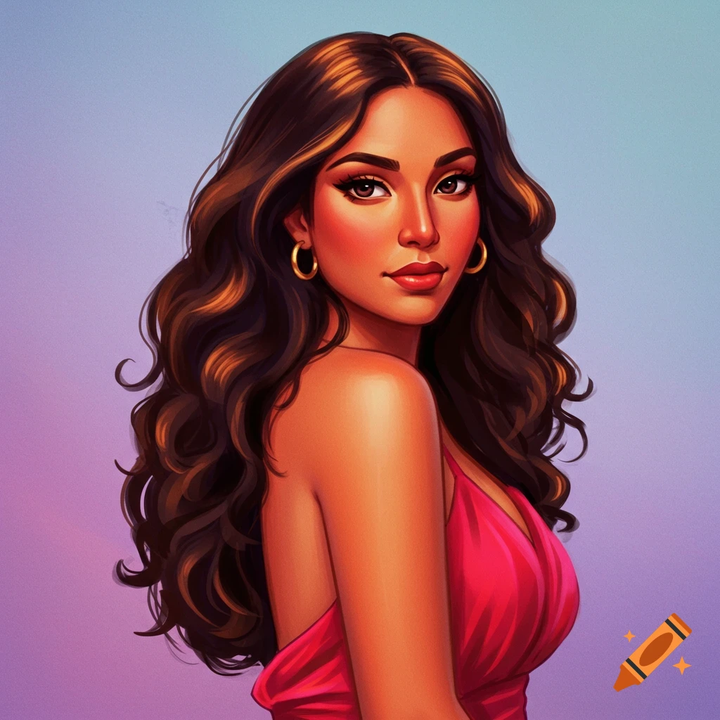 Stylized portrait of a woman in a pink dress and gold hoop earrings.