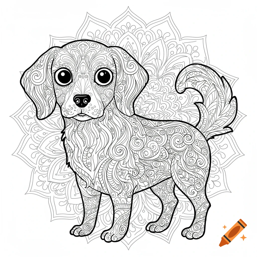 Line art coloring page of a dog with intricate patterns on a mandala background