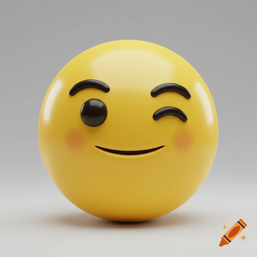 A 3D rendered yellow emoji winking and smiling with rosy cheeks.