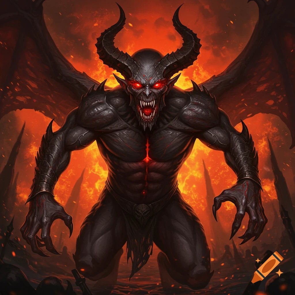 A fearsome demon with horns, wings, red eyes, and claws kneels in a fiery hellscape.