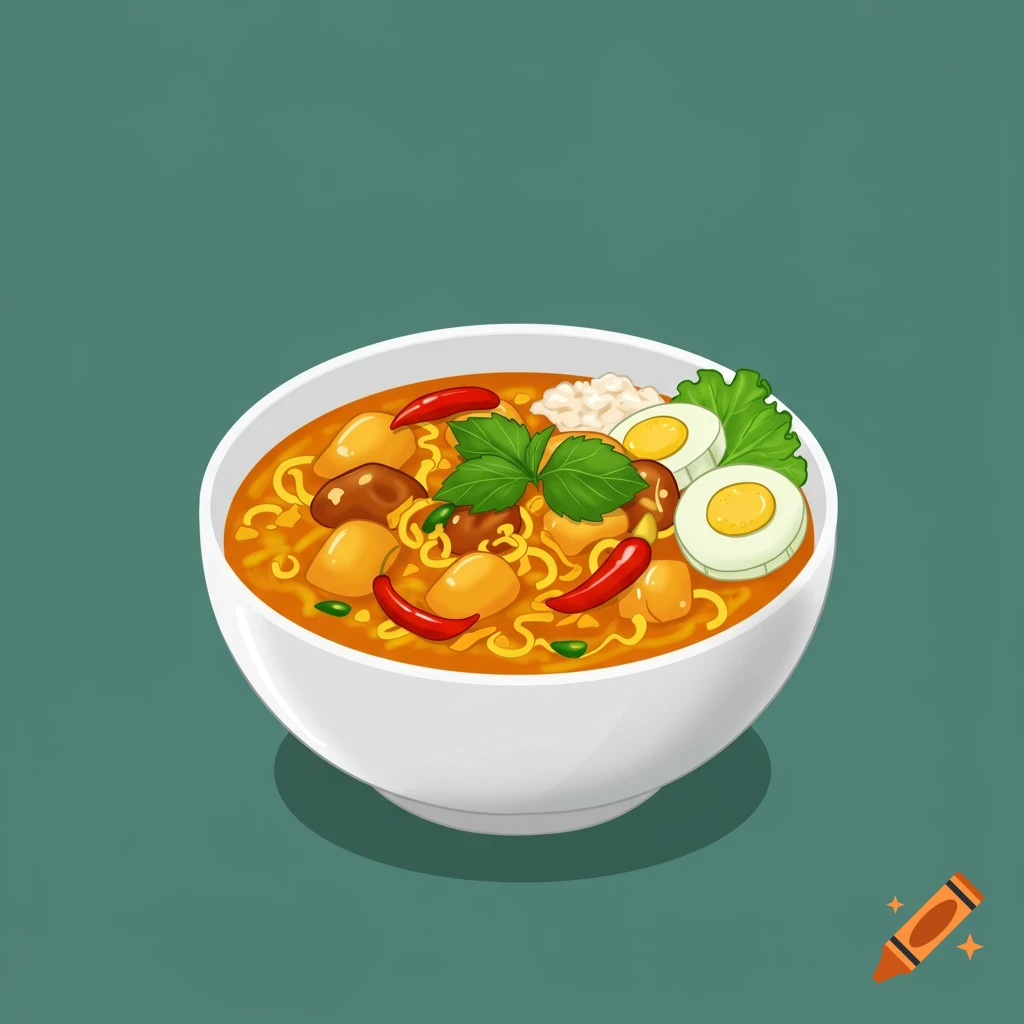Illustration of a bowl of curry with noodles, meat, eggs, and chilies on a solid background.