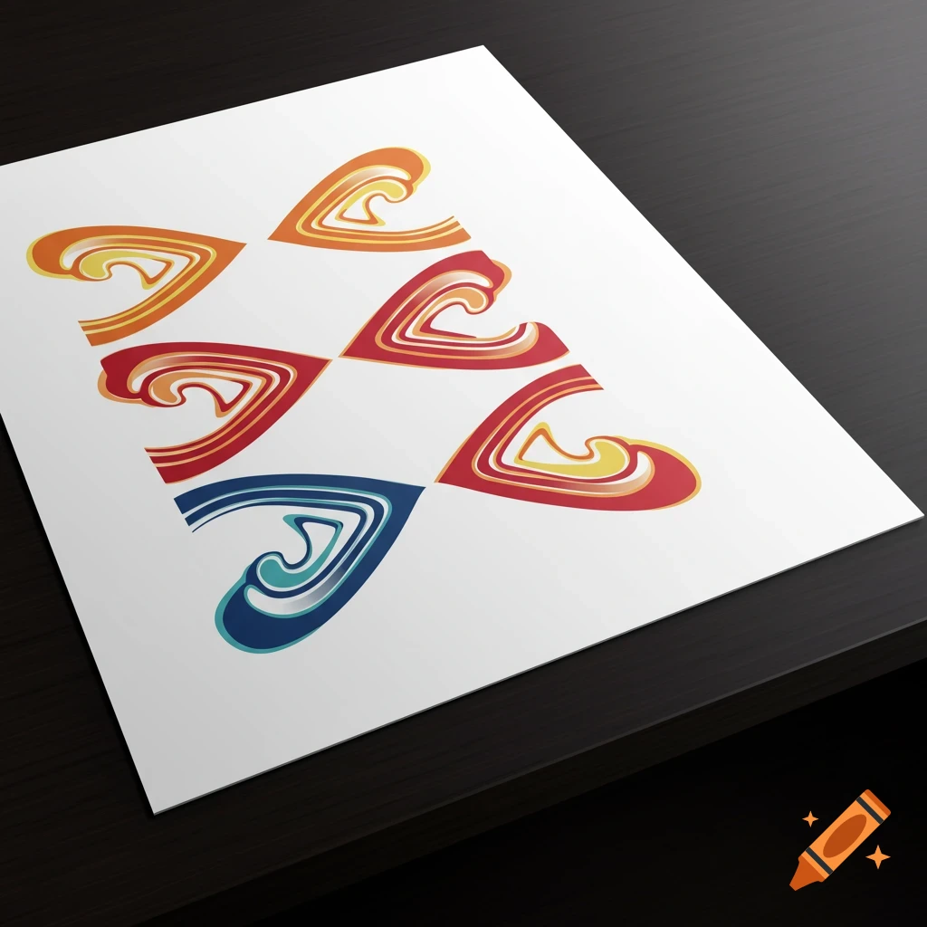 A piece of paper with colorful abstract graphic shapes on a dark desk surface.