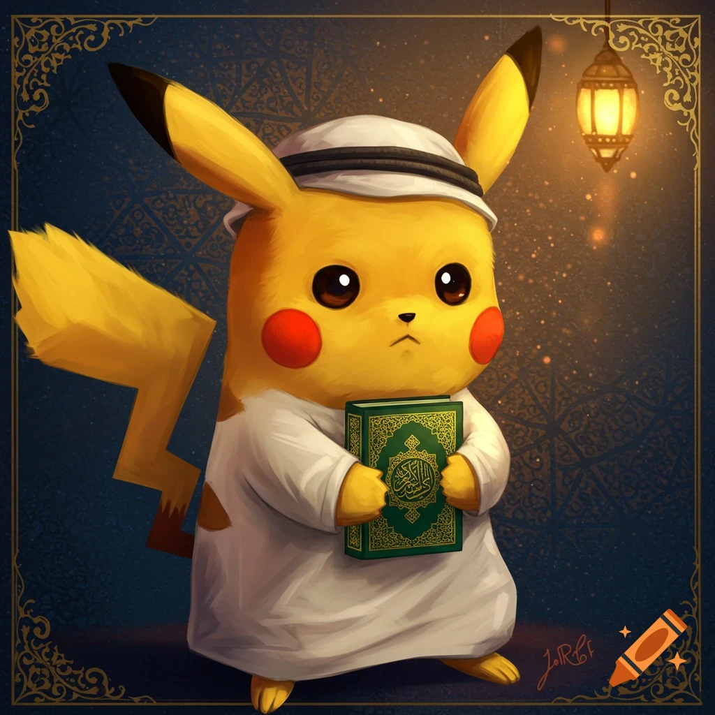 Illustration of Pikachu wearing a white thobe and ghutra, holding a green book with golden designs.