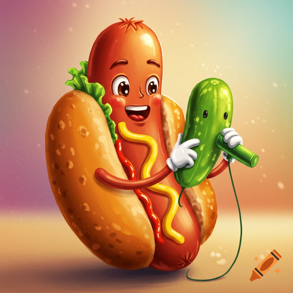 A cartoon hot dog character holds a pickle like a microphone.