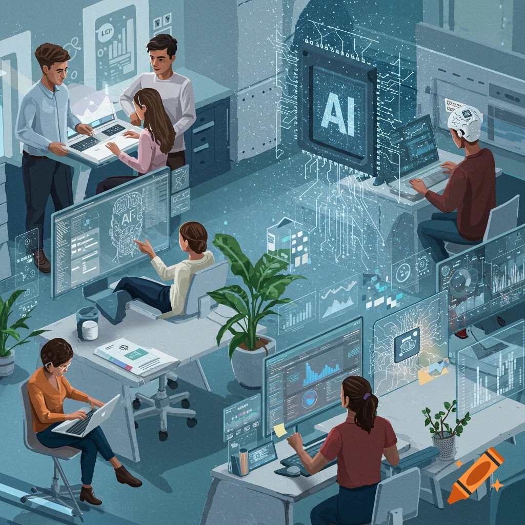 Illustration of people working with computers and AI displays in an office.