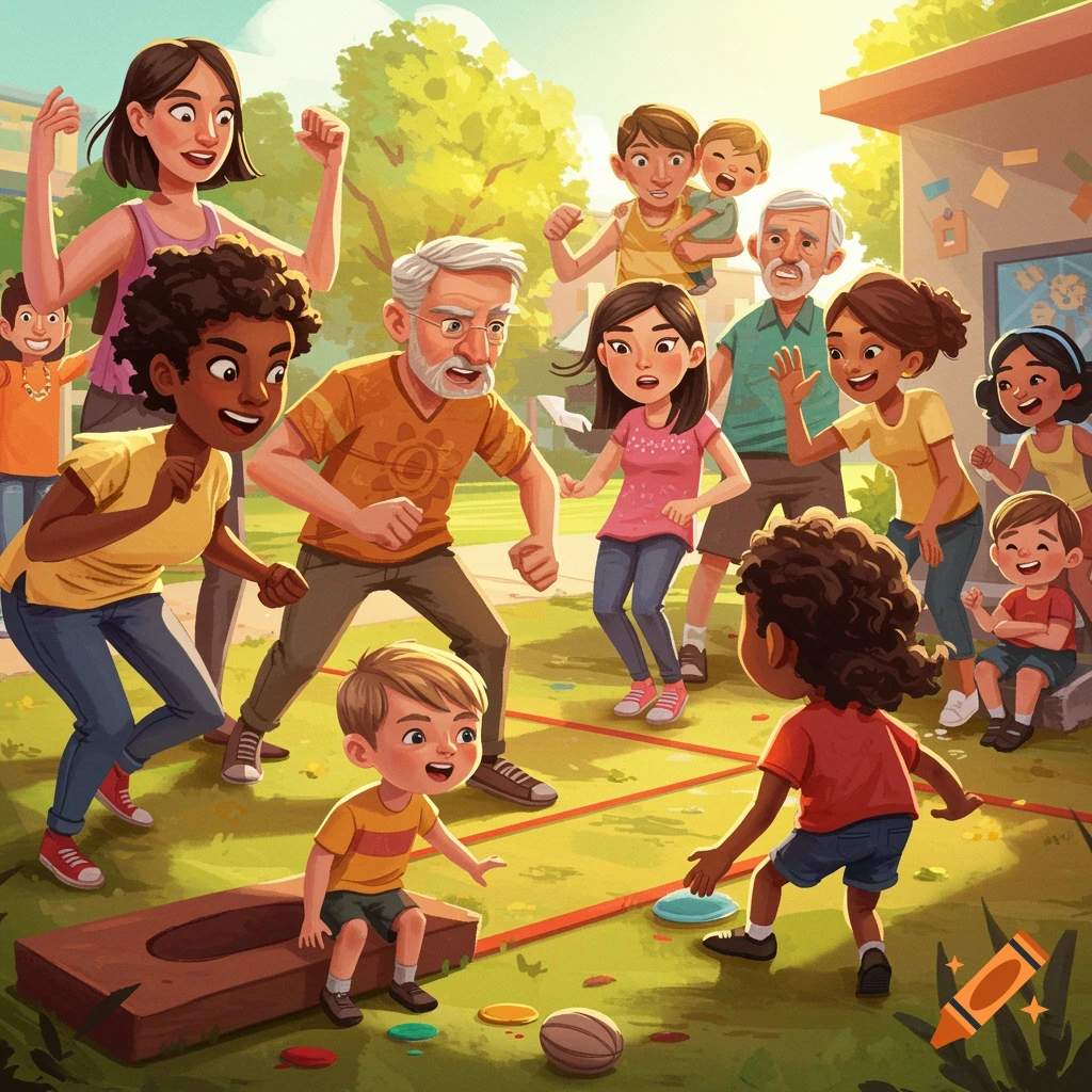 An illustration of a diverse family of adults, children, and elderly playing a large board game on the grass outdoors.