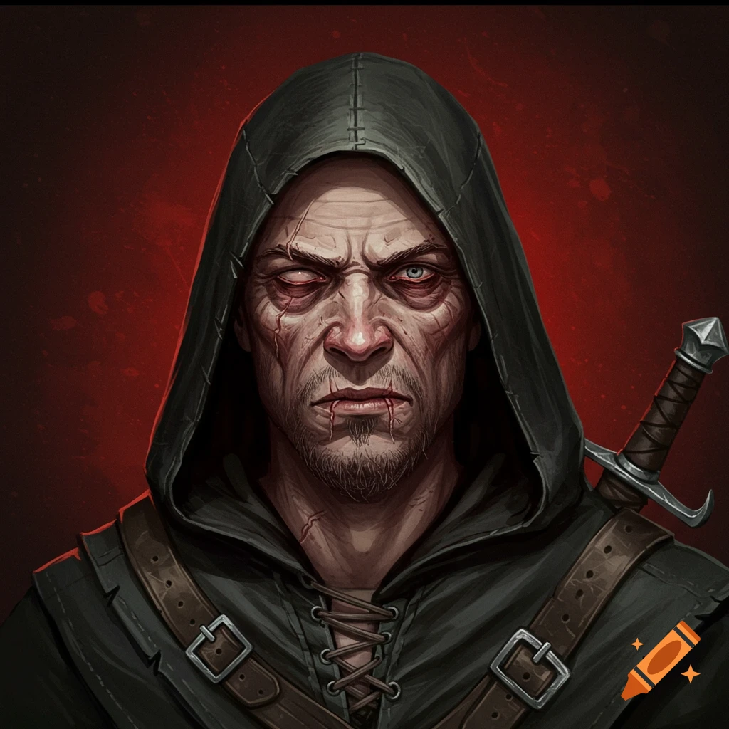 Portrait of a hooded rogue with a large scar across his face and strabismus in one eye, fantasy art style.