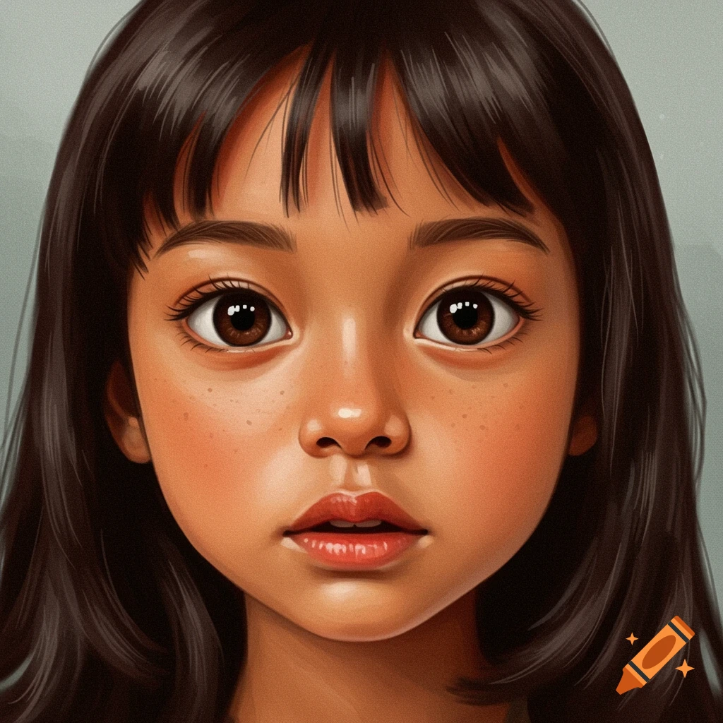 Close-up illustration of a young girl with dark hair and brown eyes