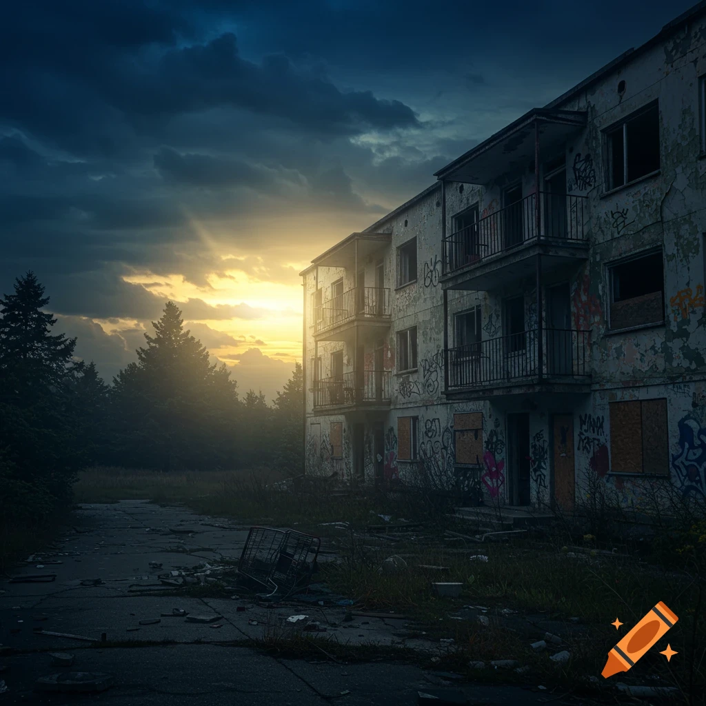 A ruined apartment building with graffiti stands against a stormy twilight sky with rays of light. Debris and weeds are in the foreground.