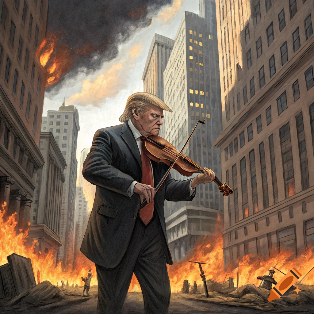 Painting of Donald Trump playing a violin in a burning city