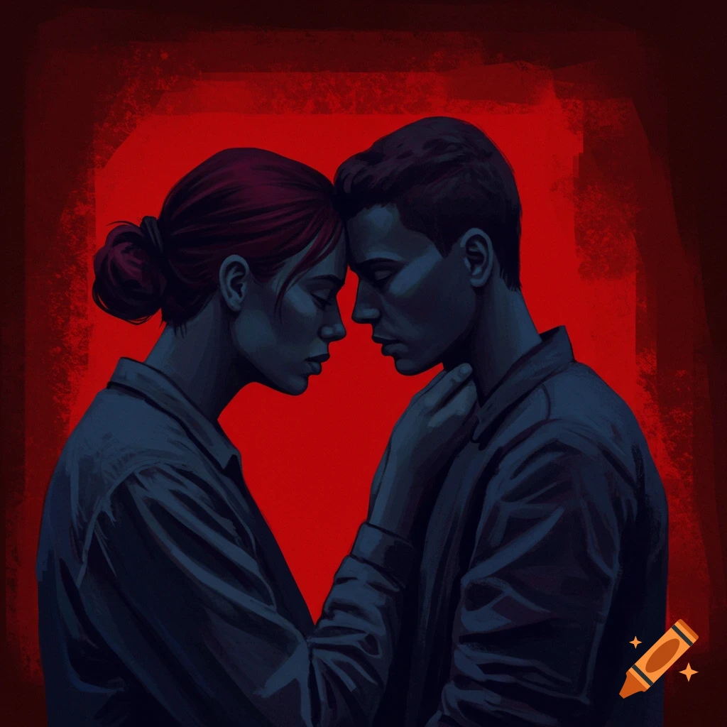 Illustration of two people, foreheads touching, against a textured red background.