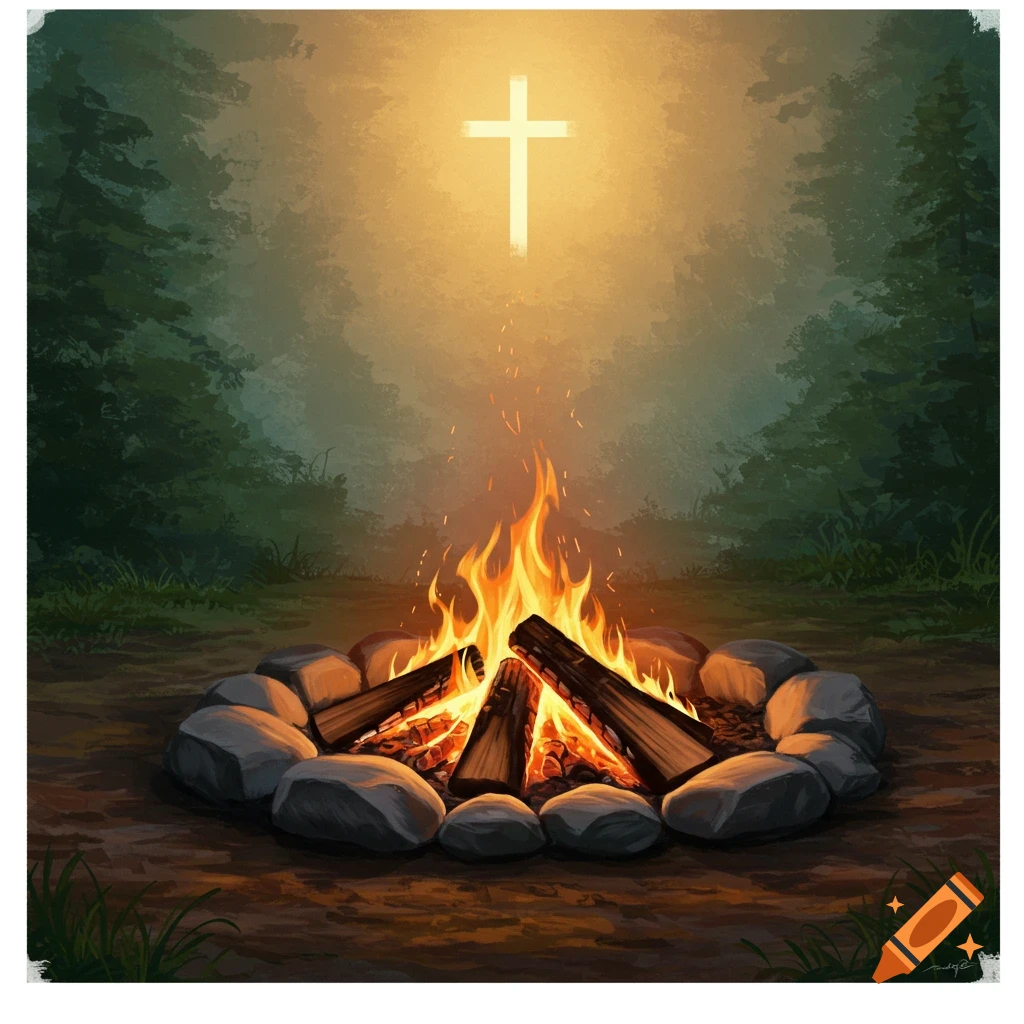 Campfire burning in a forest clearing with a glowing cross in the sky in an illustrative style.