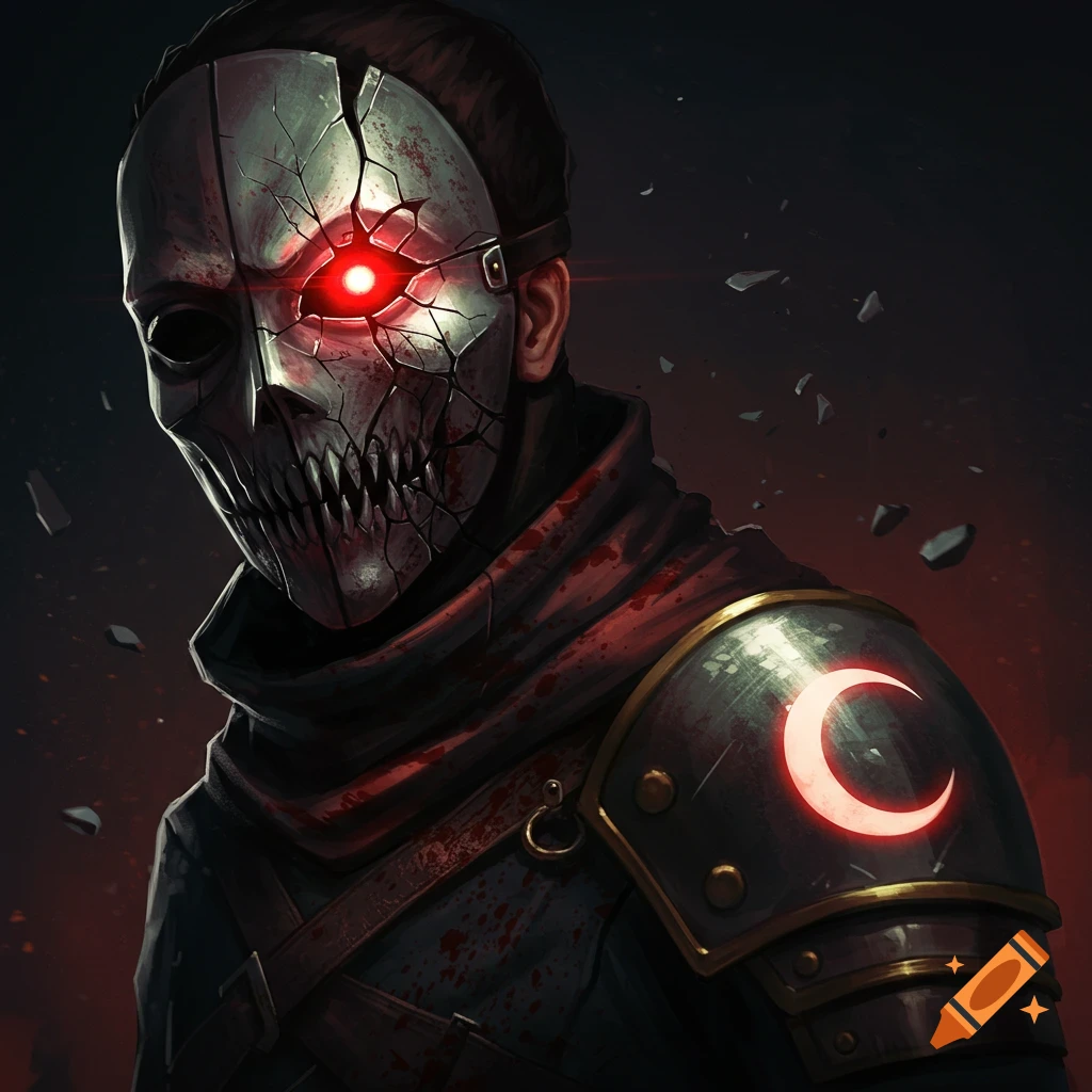 Figure in cracked skeletal mask with red eye, blood-stained clothes, and armor with glowing crescent moon.