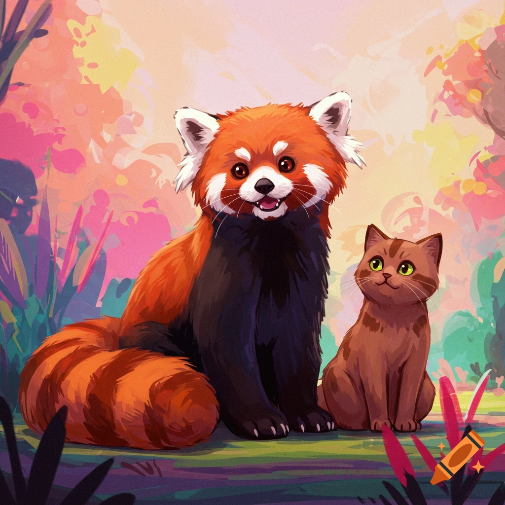 A stylized illustration of a red panda and a brown cat sitting together in a colorful, abstract forest.
