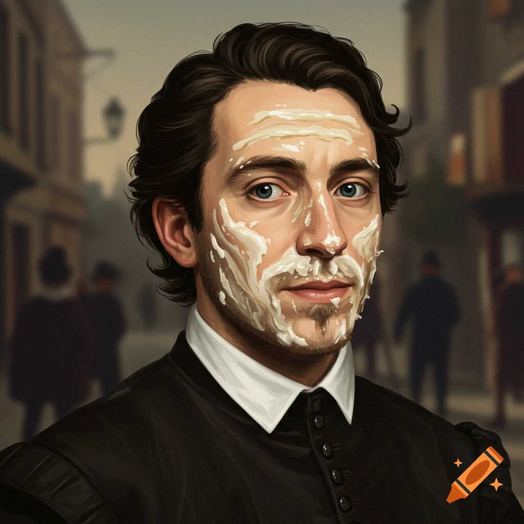Portrait of a man with a white substance on his face in a street setting.