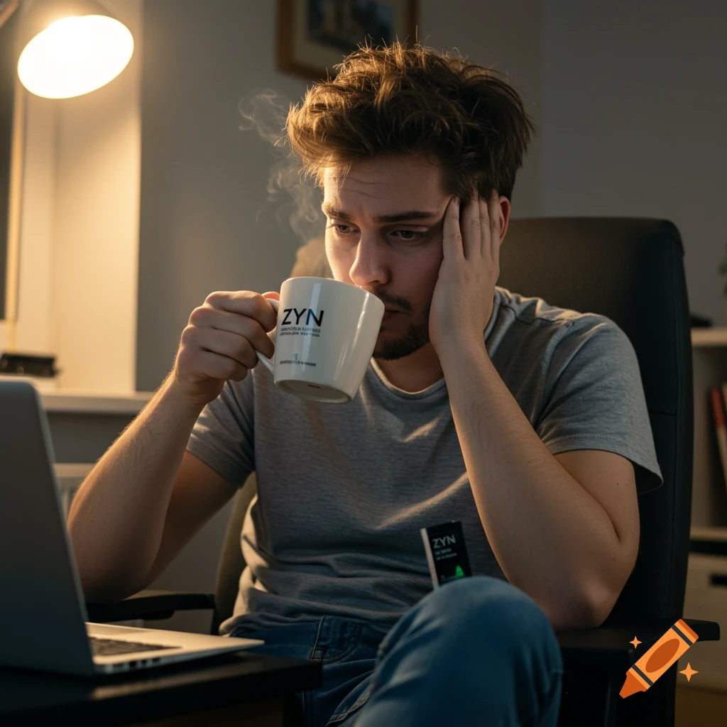 A man drinks coffee and looks at a laptop in a dim room, a Zyn box nearby. Photorealistic.