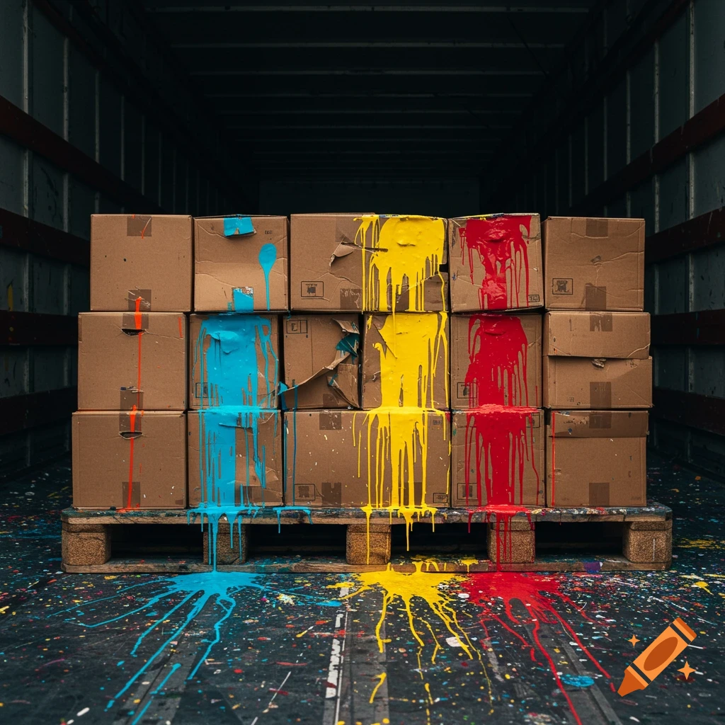 Cardboard boxes on a pallet covered in dripping blue, yellow, and red paint inside a truck trailer.