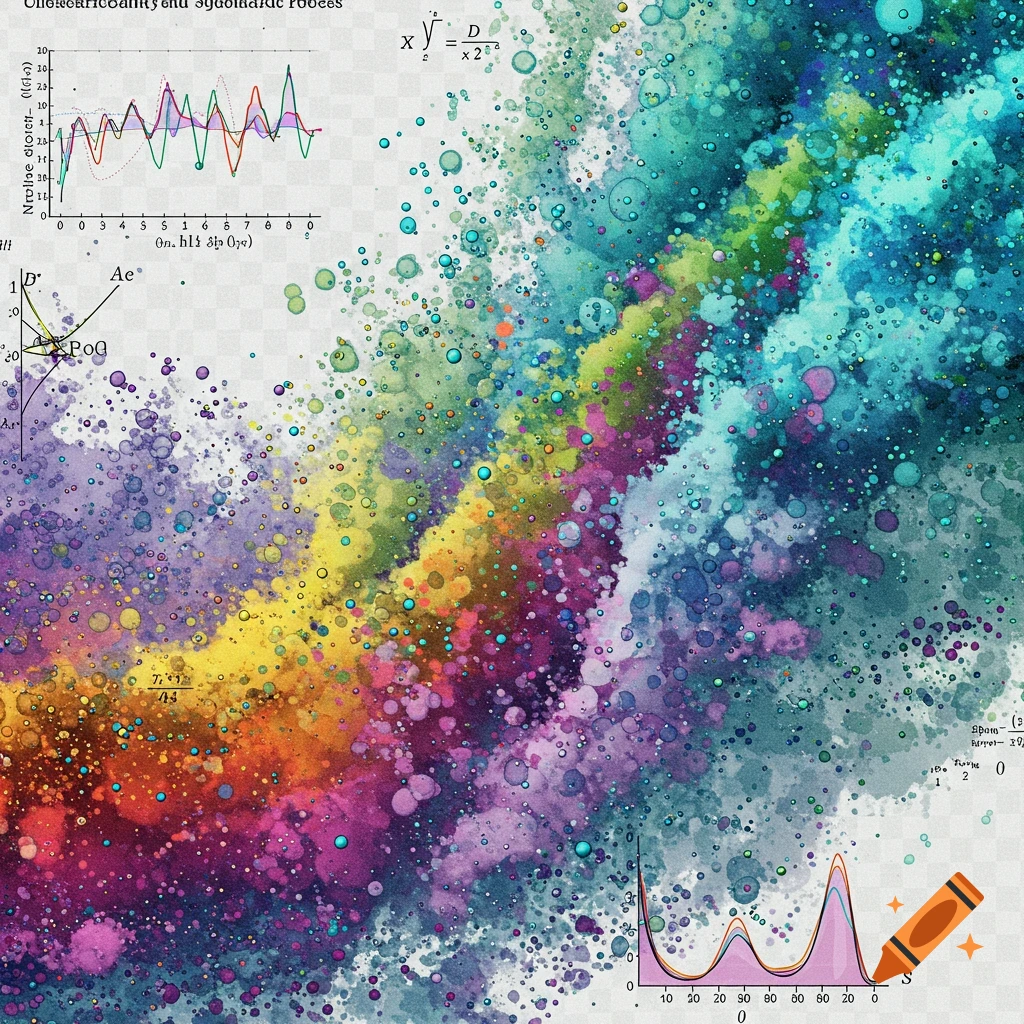 Abstract watercolor art with a diagonal rainbow streak and colorful bubbles, including charts and mathematical equations.