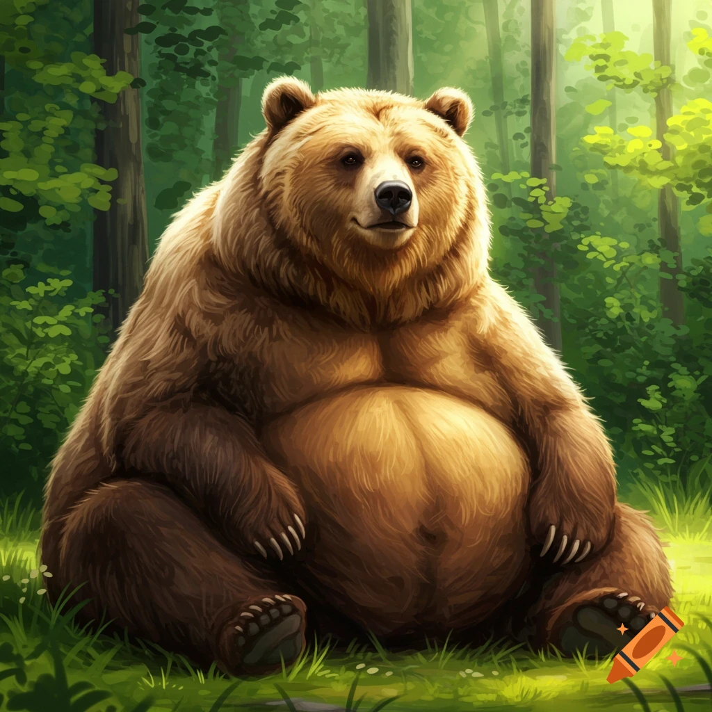 A large, fluffy brown bear sits on the grass in a forest.