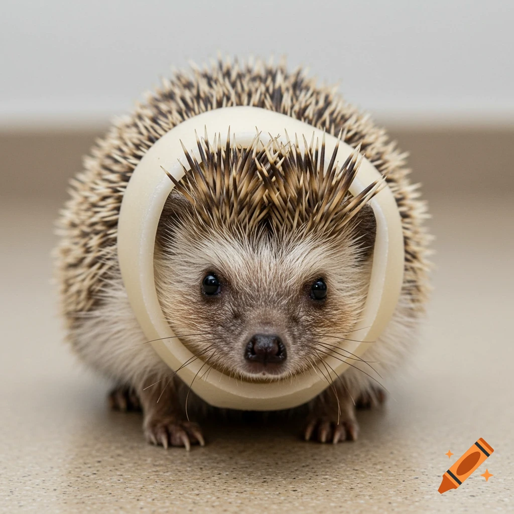 A close-up photo of a hedgehog wearing a white cranial orthosis around its head.